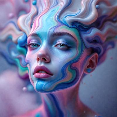 The primary subject of the image is a woman with a colorful, swirling makeup design on her face. The setting is a dark background, which contrasts with the vibrant colors of the makeup. The visual style is a combination of digital art and illustration, creating a unique and artistic appearance. The colors and mood of the image are lively and energetic, with the woman's face being the focal point of the scene.